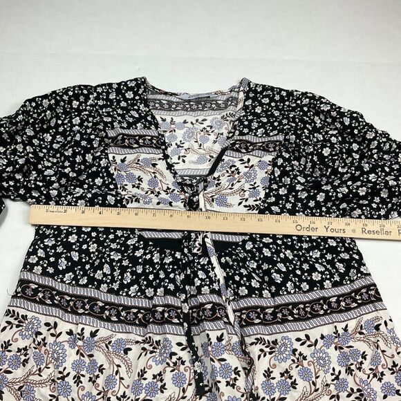 Kelso Womens Peasant Top Floral Neck Tie V-Neck Puff 3/4 Sleeve Blouse Large - Picture 7 of 11